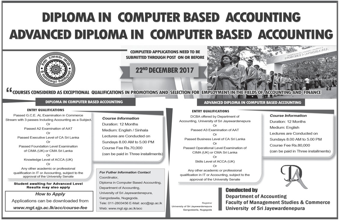 Diploma in Computer Based Accounting, Advanced Diploma in Computer Based Accounting - Faculty of Management Studies & Commerce - University of Sri Jayewardenepura